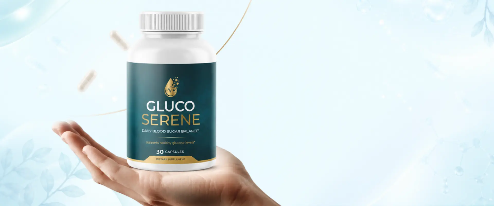 Hand holding a Gluco Serene bottle